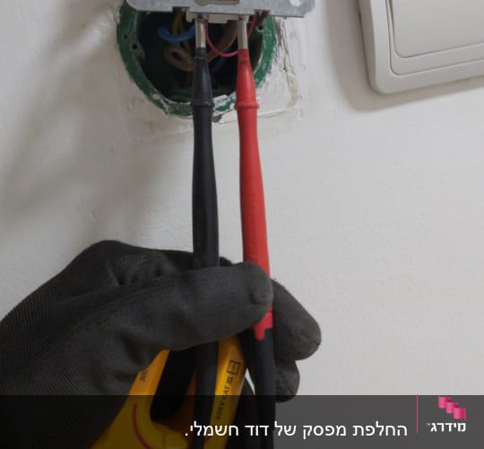 חשמלאי מודד מתח בשקע עם מולטימטר